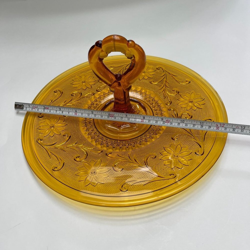 Amber Glass Handled Round Tray Plate or Centerpiece Floral Vine Pattern 12 Inch - Picture 6 of 9